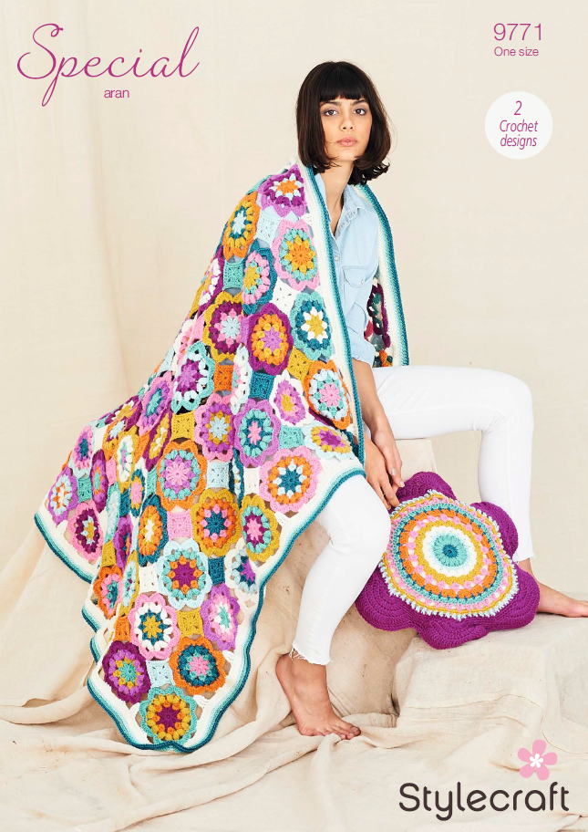 Stylecraft Crochet Pattern 9771 - Playful Posy Blanket & Cushion in Stylecraft Special Aran (Downloadable PDF)