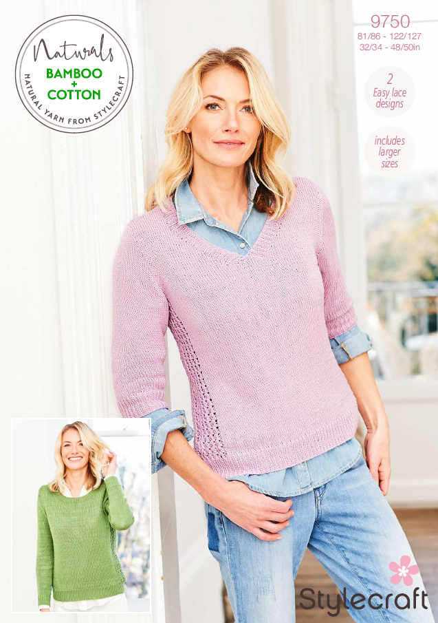 Stylecraft Knitting Pattern 9750 - Ladies Sweaters in Stylecraft Naturals Bamboo & Cotton DK (Downloadable PDF)