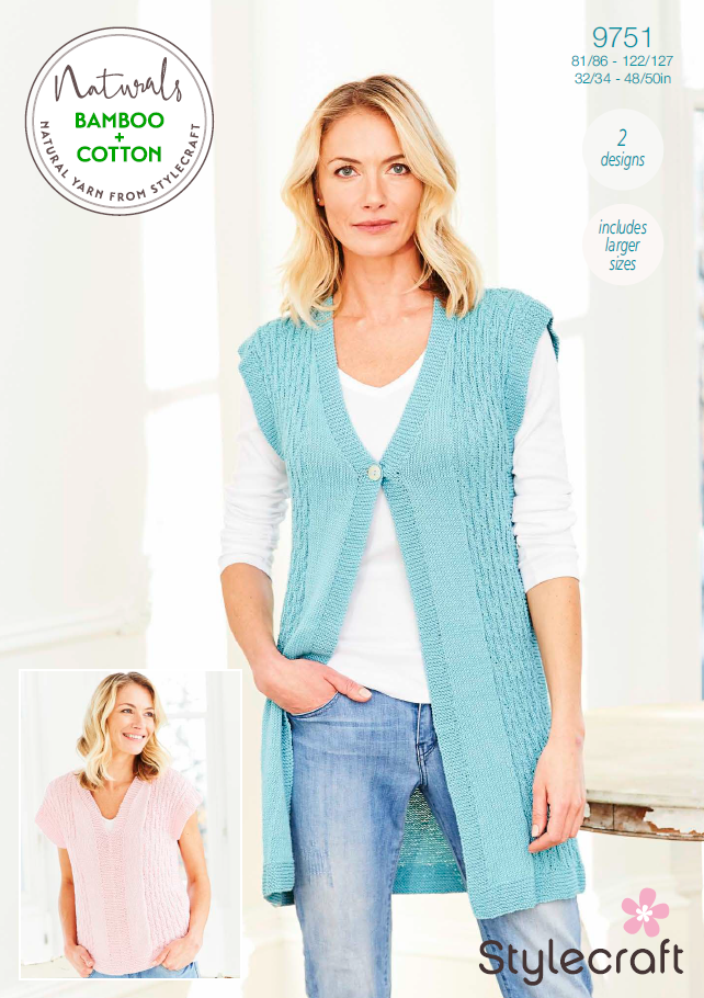 Stylecraft Knitting Pattern 9751 - Ladies Waistcoat & T-Shirt in Stylecraft Naturals Bamboo & Cotton DK (Downloadable PDF)