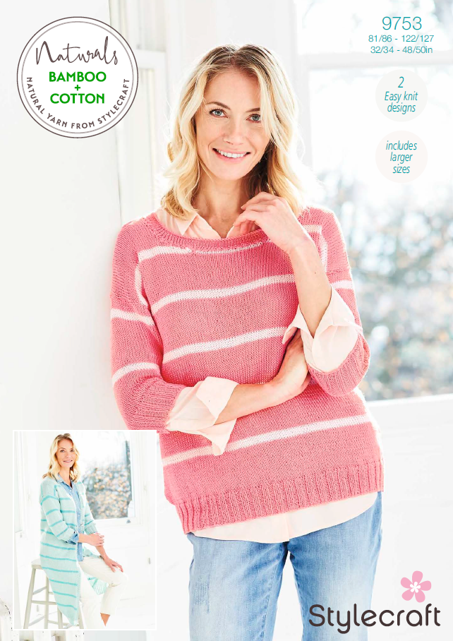 Stylecraft Knitting Pattern 9753 - Ladies Cardigan & Sweater in Stylecraft Naturals Bamboo & Cotton DK (Downloadable PDF)