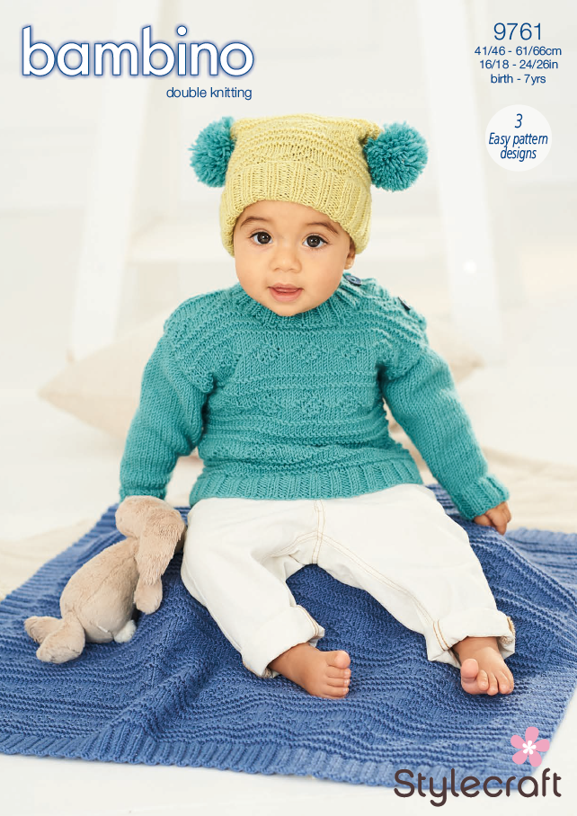 Stylecraft Knitting Pattern 9761 - Sweater, Hat & Blanket in Stylecraft Bambino DK (Downloadable PDF)