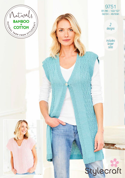 Stylecraft Knitting Pattern 9751 - Ladies Waistcoat & T-Shirt in Stylecraft Naturals Bamboo & Cotton DK (Downloadable PDF)