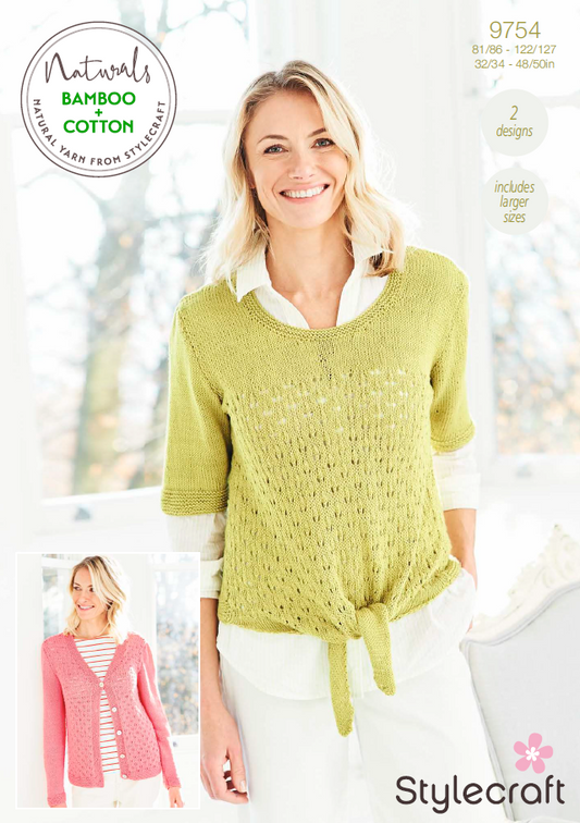 Stylecraft Knitting Pattern 9754 - Ladies Cardigan & T-Shirt Patterns in Stylecraft Naturals Bamboo & Cotton DK (Downloadable PDF)
