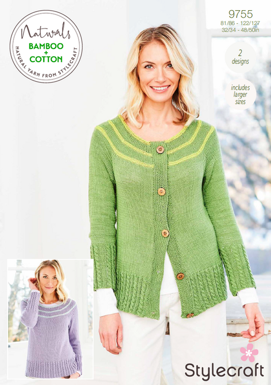 Stylecraft Knitting Pattern 9755 - Ladies Cardigan & Sweater in Stylecraft Naturals Bamboo & Cotton DK (Downloadable PDF)