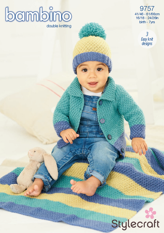 Stylecraft Knitting Pattern 9757 - Children's Cardigan, Hat & Blanket in Stylecraft Bambino DK (Downloadable PDF)