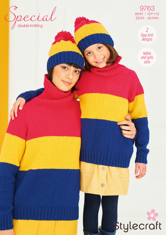 Stylecraft Knitting Pattern 9763 - Ladies & Children's Sweater & Hat in Stylecraft Special DK (Downloadable PDF)