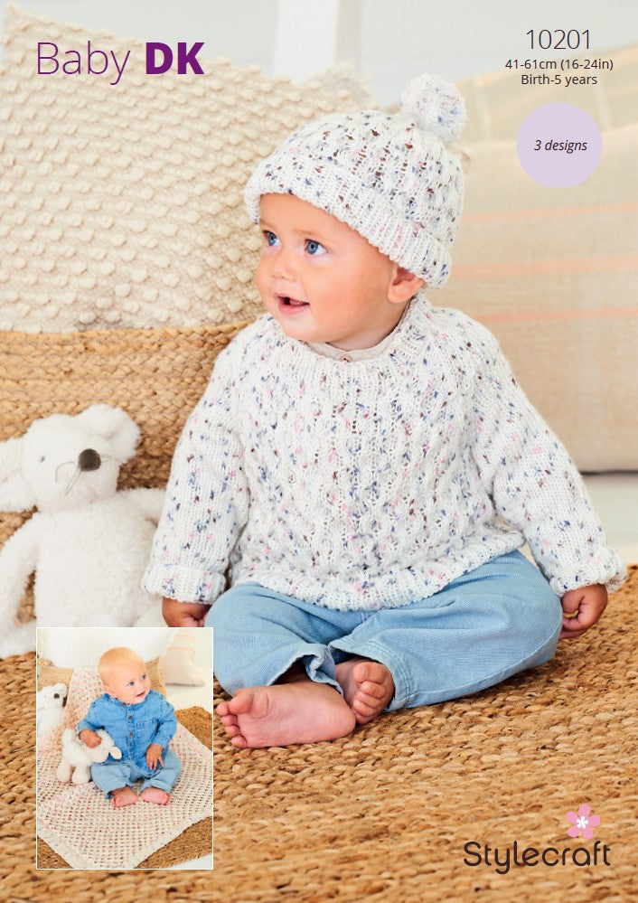 Stylecraft Knitting Pattern 10201 - Sweater_Hat and Blanket in Bambino Dotty DK Pattern