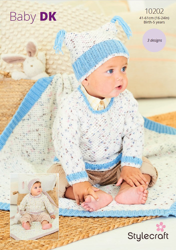 Stylecraft Knitting Pattern 10202 - Sweater_Hat and Blanket in Stylecraft Bambino Dotty DK_Stylecraft Bambino DK 